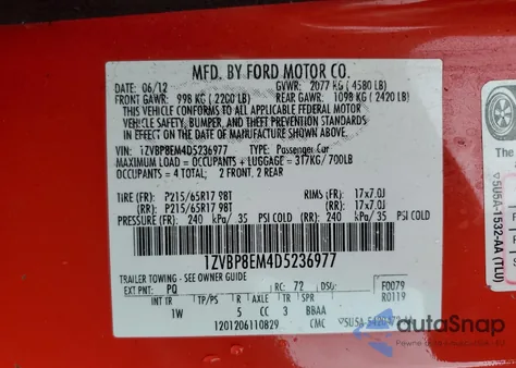 2013 Ford Mustang из США, поврежденный, VIN 1ZVBP8EM4D5236977